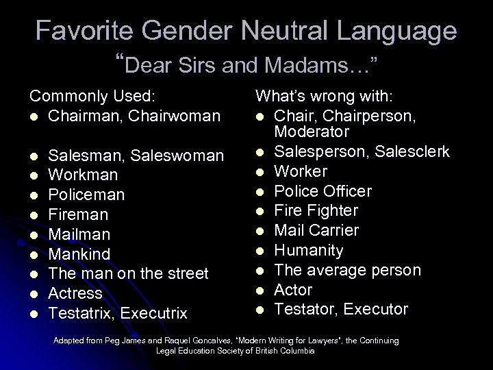 Favorite Gender Neutral Language “Dear Sirs and Madams…” Commonly Used: l Chairman, Chairwoman l