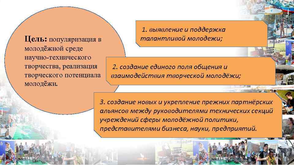 Цель: популяризация в молодёжной среде научно-технического творчества, реализация творческого потенциала молодёжи. 1. выявление и