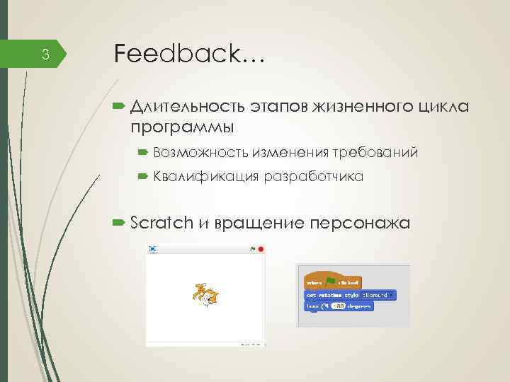 3 Feedback… Длительность этапов жизненного цикла программы Возможность изменения требований Квалификация разработчика Scratch и