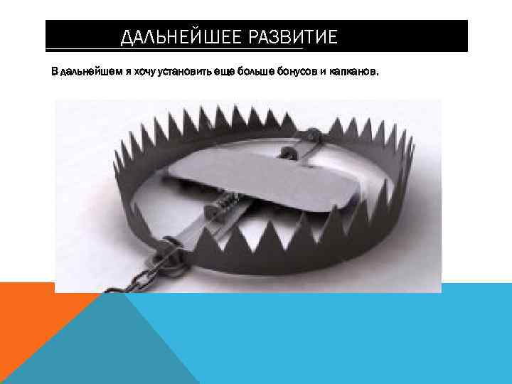 ДАЛЬНЕЙШЕЕ РАЗВИТИЕ В дальнейшем я хочу установить еще больше бонусов и капканов. 