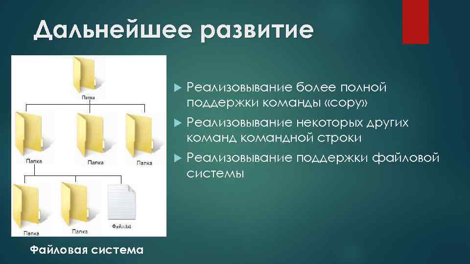 Дальнейшее развитие Реализовывание некоторых других командной строки Файловая система Реализовывание более полной поддержки команды