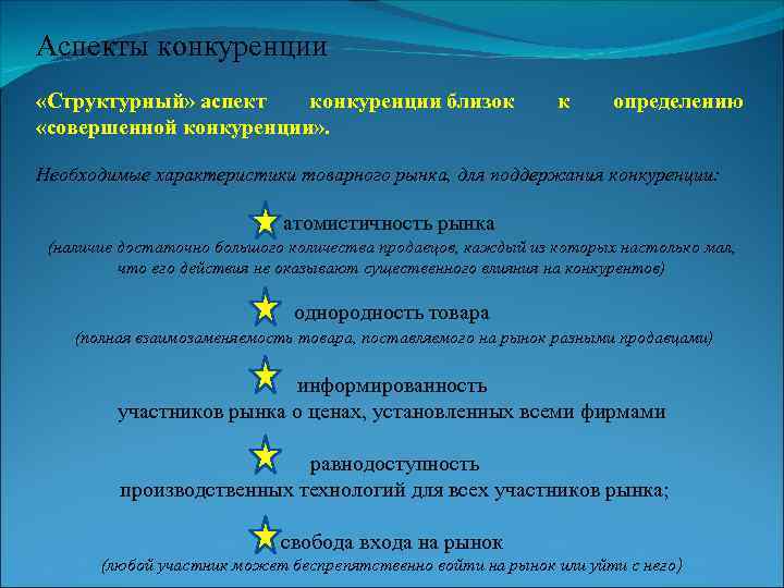 Аспекты конкуренции «Структурный» аспект конкуренции близок «совершенной конкуренции» . к определению Необходимые характеристики товарного