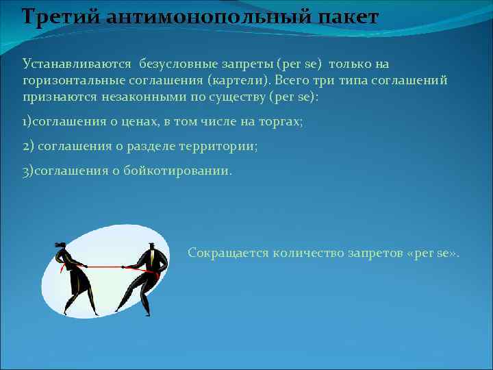 Третий антимонопольный пакет Устанавливаются безусловные запреты (per se) только на горизонтальные соглашения (картели). Всего