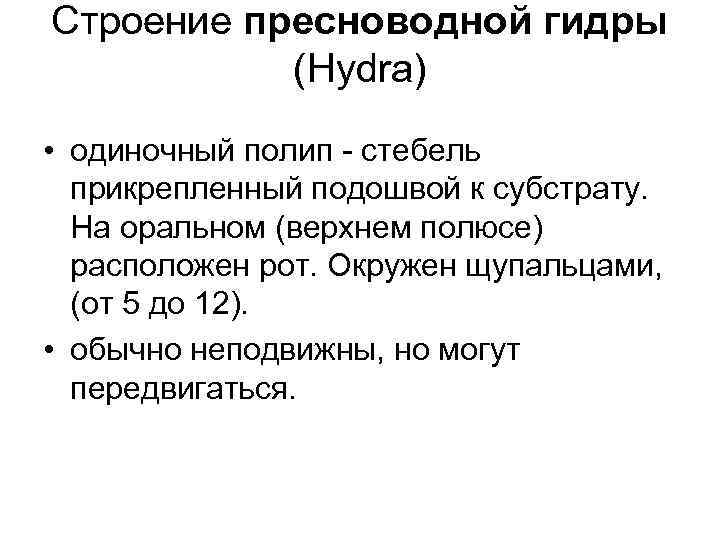 Строение пресноводной гидры (Hydra) • одиночный полип - стебель прикрепленный подошвой к субстрату. На
