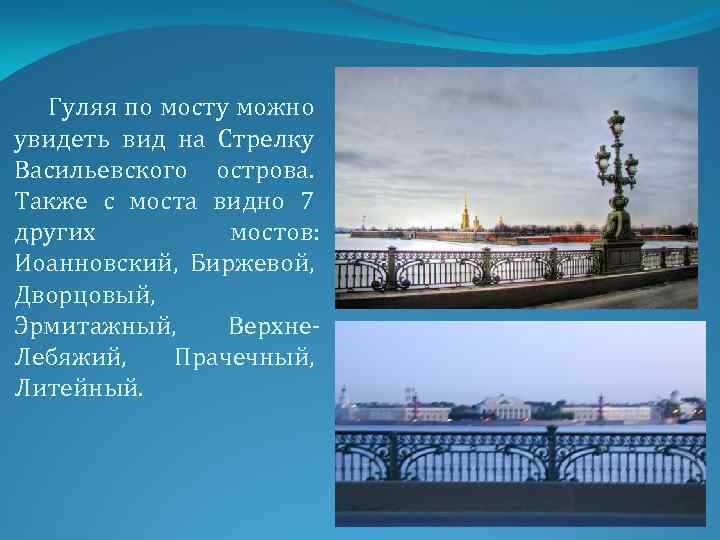 Гуляя по мосту можно увидеть вид на Стрелку Васильевского острова. Также с моста видно