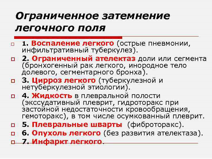 Ограниченное затемнение легочного поля o o o o 1. Воспаление легкого (острые пневмонии, инфильтративный
