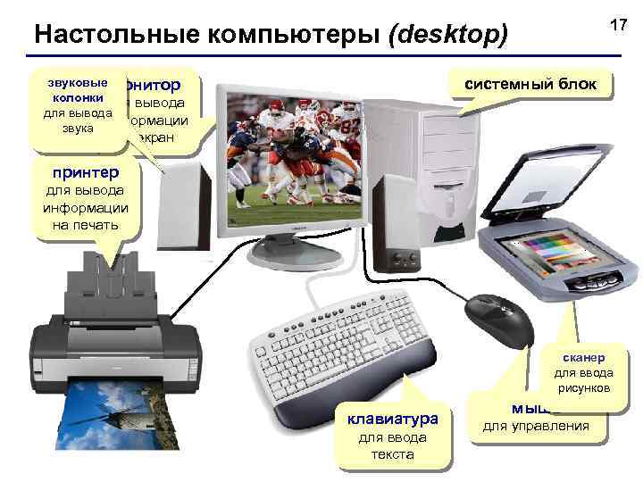 17 Настольные компьютеры (desktop) системный блок звуковые монитор колонки для вывода информации звука на