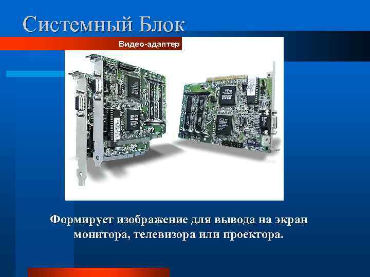 Системный Блок Видео-адаптер Формирует изображение для вывода на экран монитора, телевизора или проектора. 