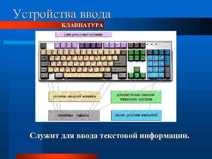 Устройства ввода КЛАВИАТУРА Служит для ввода текстовой информации. 