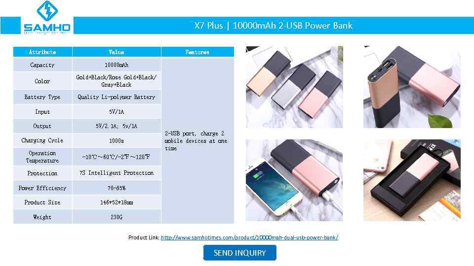 X 7 Plus | 10000 m. Ah 2 -USB Power Bank Attribute Value Features
