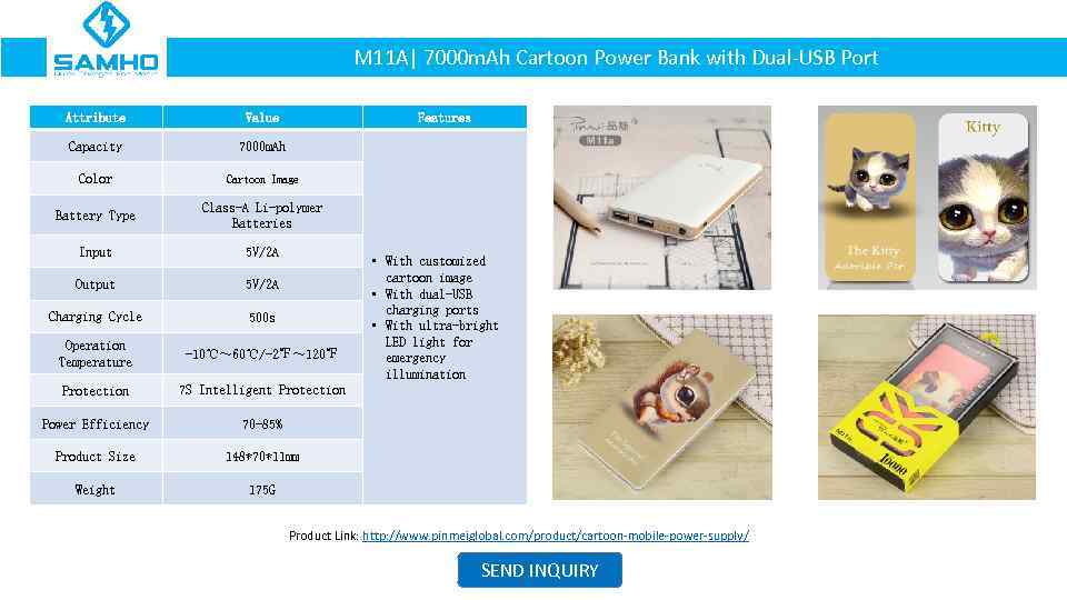 M 11 A| 7000 m. Ah Cartoon Power Bank with Dual-USB Port Attribute Value