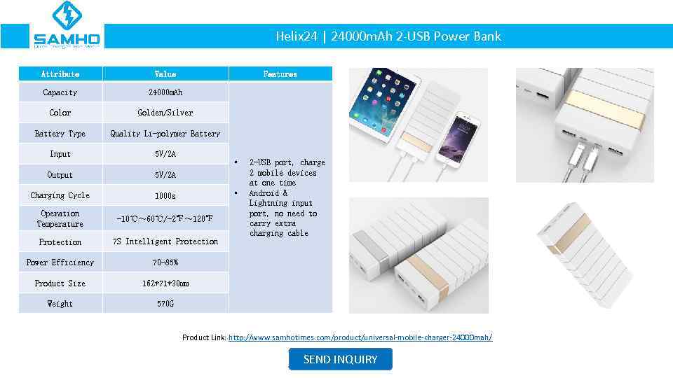 Helix 24 | 24000 m. Ah 2 -USB Power Bank Attribute Value Features Capacity