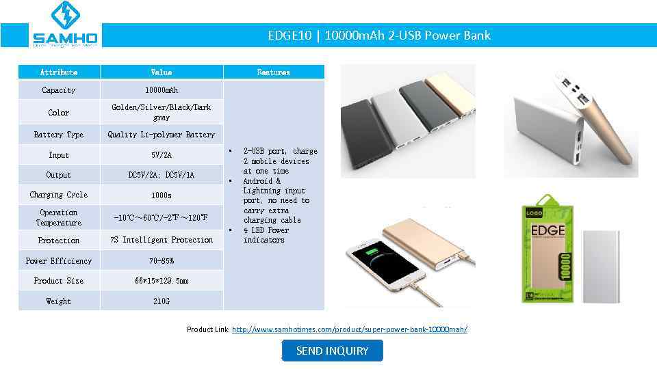 EDGE 10 | 10000 m. Ah 2 -USB Power Bank Attribute Value Features Capacity