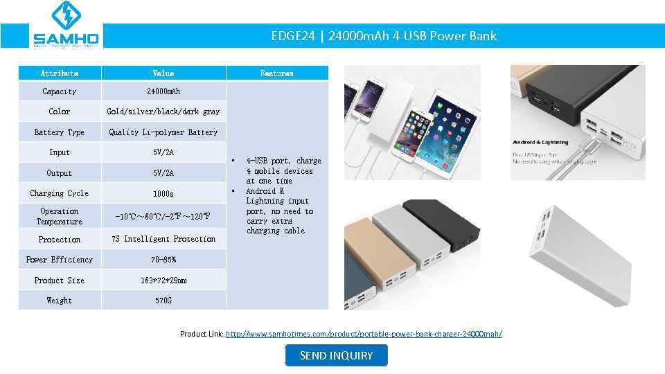 EDGE 24 | 24000 m. Ah 4 -USB Power Bank Attribute Value Features Capacity