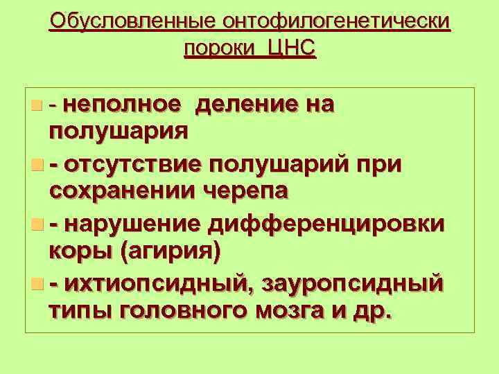 Обусловленные онтофилогенетически пороки ЦНС n - неполное деление на полушария n - отсутствие полушарий