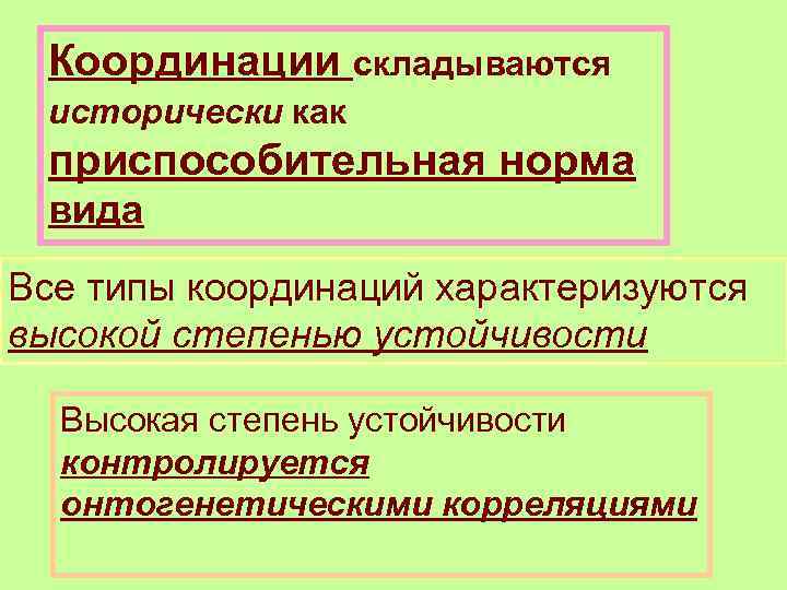 Координации складываются исторически как приспособительная норма вида Все типы координаций характеризуются высокой степенью устойчивости
