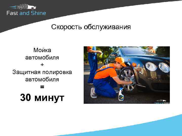  Скорость обслуживания Мойка автомобиля + Защитная полировка автомобиля = 30 минут 