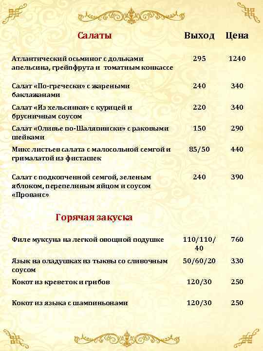 Салаты Выход Цена Атлантический осьминог с дольками 295 1240 апельсина, грейпфрута и томатным конкассе