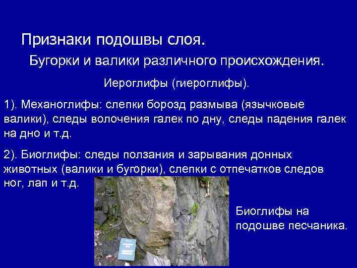 Признаки подошвы слоя. Бугорки и валики различного происхождения. Иероглифы (гиероглифы). 1). Механоглифы: слепки борозд