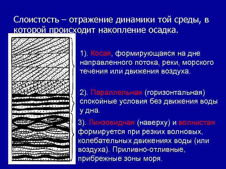 Слоистость – отражение динамики той среды, в которой происходит накопление осадка. 1). Косая, формирующаяся