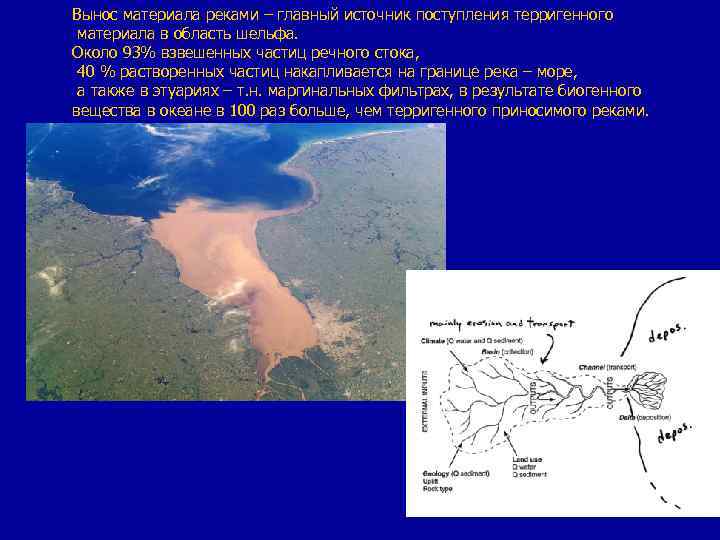 Вынос материала реками – главный источник поступления терригенного материала в область шельфа. Около 93%
