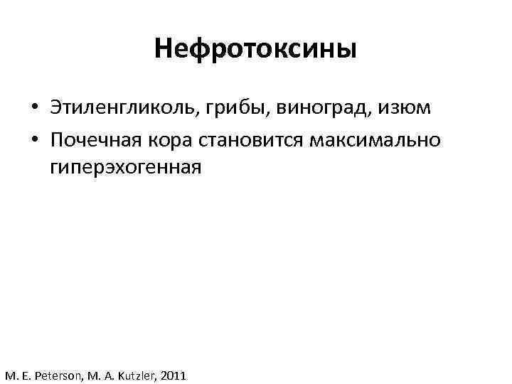 Нефротоксины • Этиленгликоль, грибы, виноград, изюм • Почечная кора становится максимально гиперэхогенная M. Е.