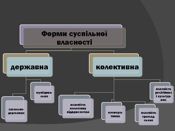 Форми суспільної власності державна колективна власність релігійних і культурних муніципальна загальнодержавна власність колективу підприємства