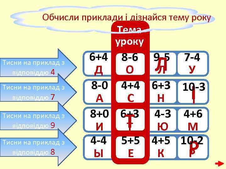 Обчисли приклади і дізнайся тему року Тема уроку Тисни на приклад з відповіддю 4