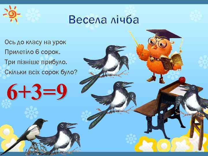 Весела лічба Ось до класу на урок Прилетіло 6 сорок. Три пізніше прибуло. Скільки