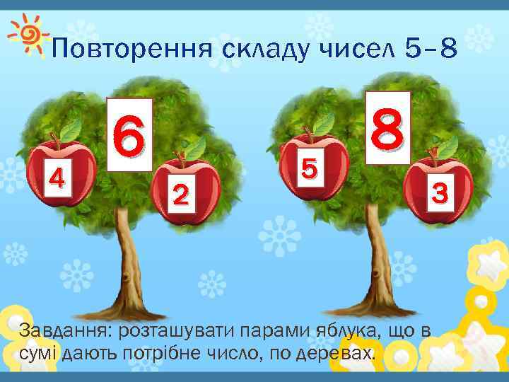 Повторення складу чисел 5– 8 4 6 2 5 8 Завдання: розташувати парами яблука,