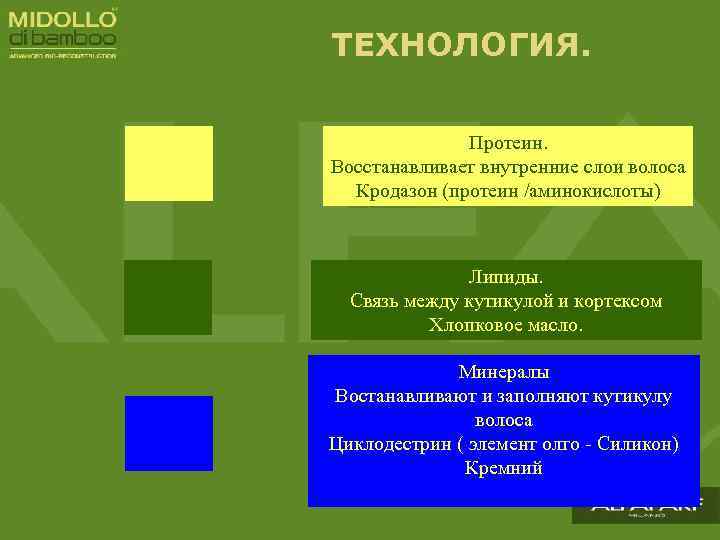 ТЕХНОЛОГИЯ. Протеин. Восстанавливает внутренние слои волоса Кродазон (протеин /аминокислоты) Липиды. Связь между кутикулой и