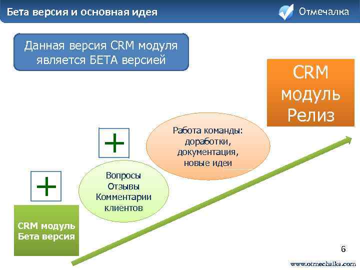 Бета версия и основная идея Отмечалка Данная версия CRM модуля является БЕТА версией +