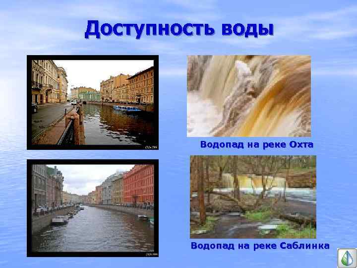 Доступность воды Водопад на реке Охта Водопад на реке Саблинка 