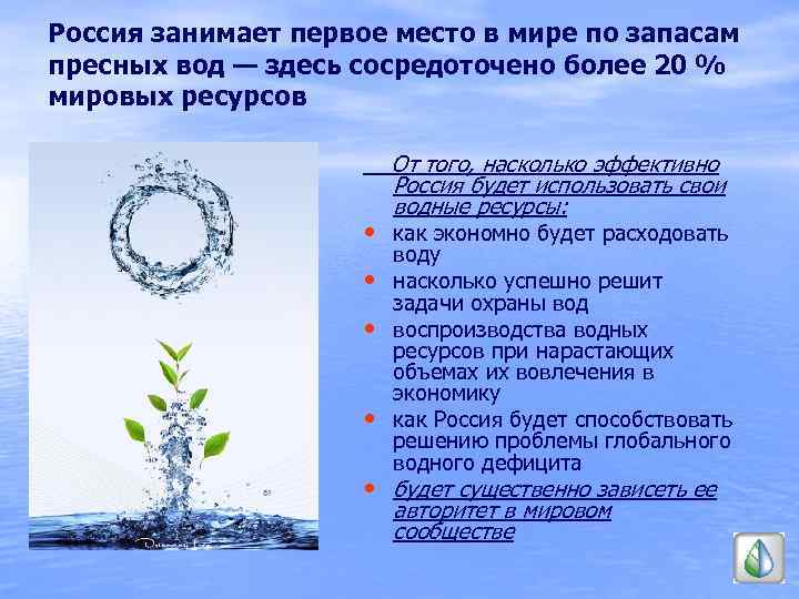 Россия занимает первое место в мире по запасам пресных вод — здесь сосредоточено более