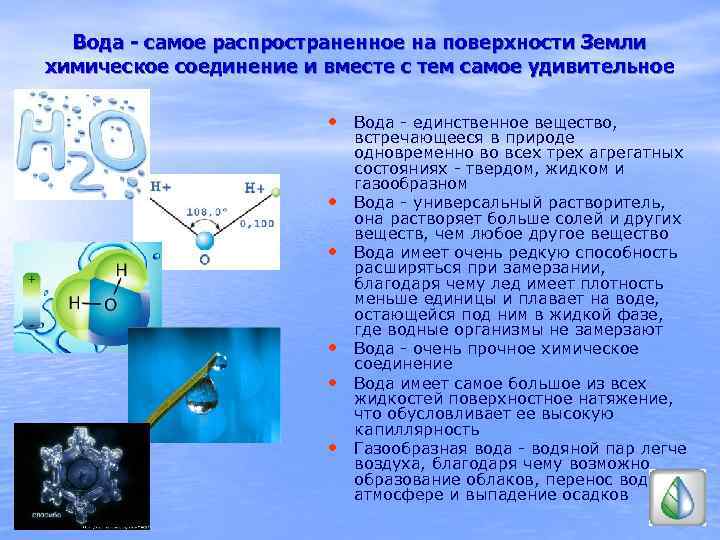 Вода - самое распространенное на поверхности Земли химическое соединение и вместе с тем самое