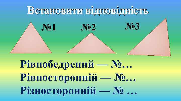 Встановити відповідність № 1 № 2 № 3 Рівнобедрений — №… Рівносторонній — №…