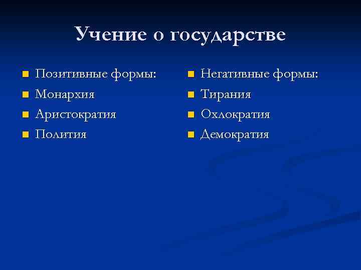 Учение о государстве n n Позитивные формы: Монархия Аристократия Полития n n Негативные формы: