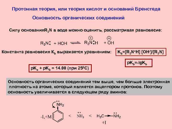 Протонная теория, или теория кислот и оснований Бренстеда Основность органических соединений Силу основания. R