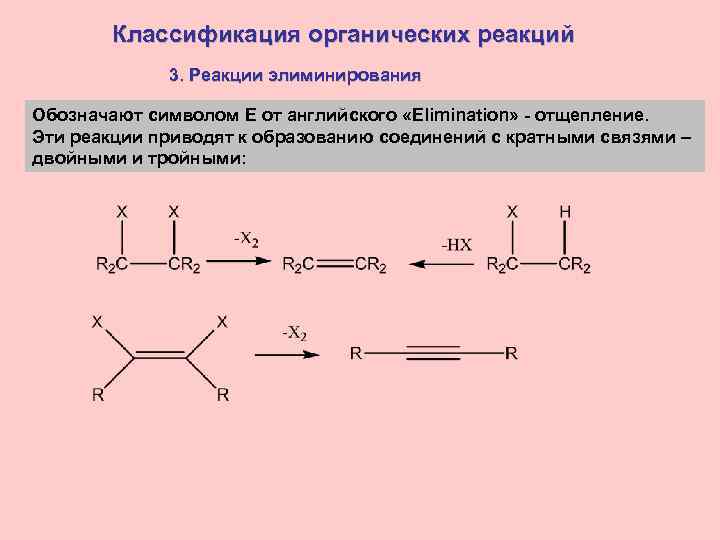 Классификация органических реакций 3. Реакции элиминирования Обозначают символом E от английского «Elimination» - отщепление.