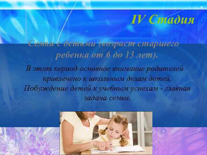 IV Стадия Семьи с детьми (возраст старшего ребенка от 6 до 13 лет). В