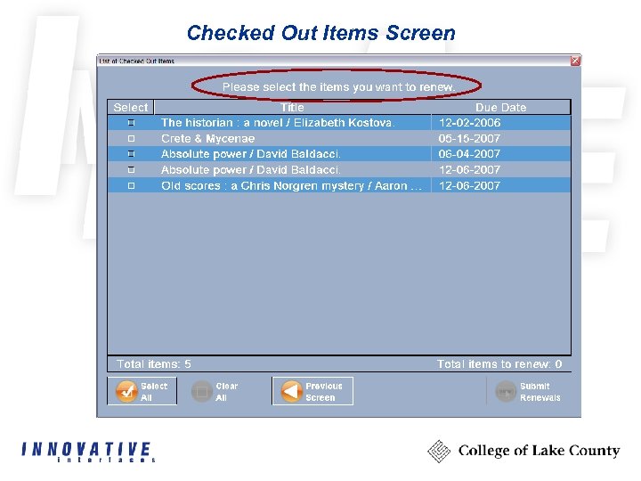 Checked Out Items Screen 