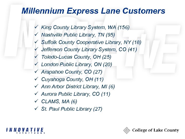 Millennium Express Lane Customers ü ü ü King County Library System, WA (156) Nashville