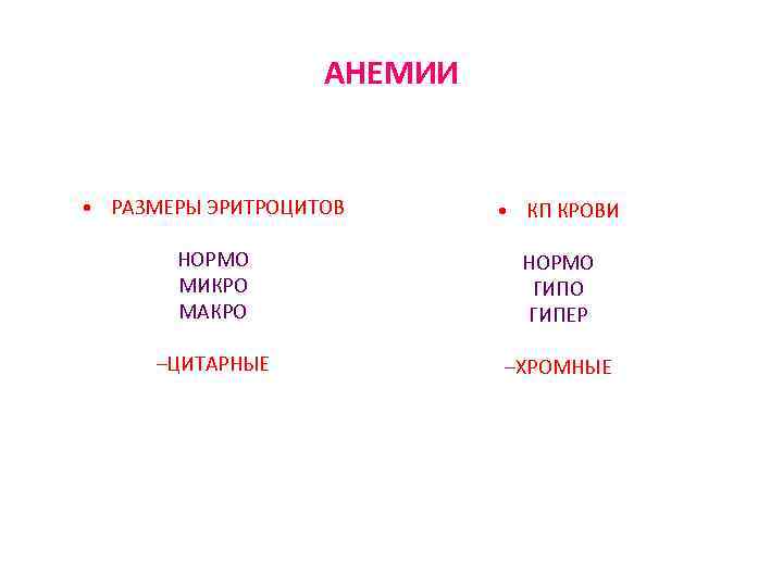 АНЕМИИ • РАЗМЕРЫ ЭРИТРОЦИТОВ НОРМО МИКРО МАКРО • КП КРОВИ НОРМО ГИПЕР –ЦИТАРНЫЕ –ХРОМНЫЕ