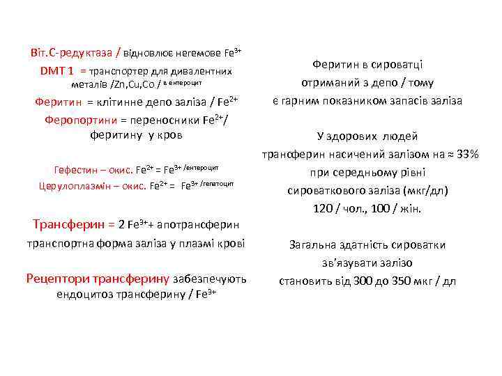 Віт. С-редуктаза / відновлює негемове Fe 3+ DMT 1 = транспортер для дивалентних металів