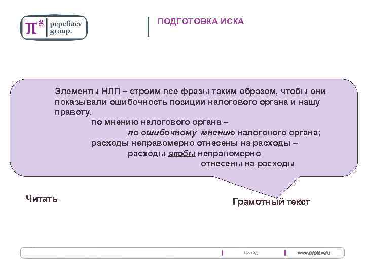 ПОДГОТОВКА ИСКА Методы доведения Способы восприятия – строим все фразы таким образом, чтобы они