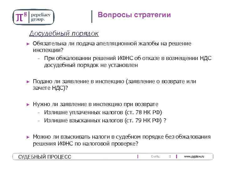 Вопросы стратегии Досудебный порядок ► Обязательна ли подача апелляционной жалобы на решение инспекции? −