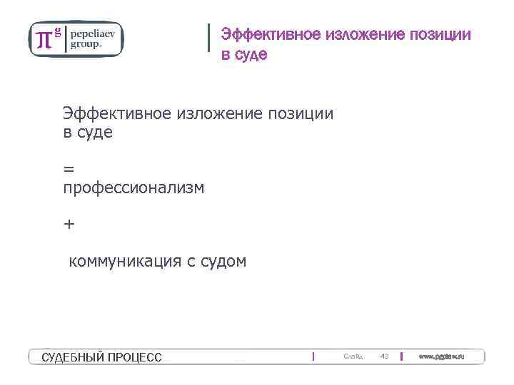 Эффективное изложение позиции в суде = профессионализм + коммуникация с судом CУДЕБНЫЙ ПРОЦЕСС Слайд