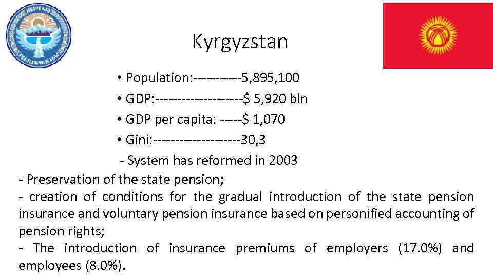 Kyrgyzstan • Population: ------5, 895, 100 • GDP: ----------$ 5, 920 bln • GDP