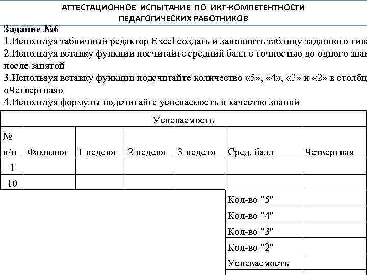 АТТЕСТАЦИОННОЕ ИСПЫТАНИЕ ПО ИКТ-КОМПЕТЕНТНОСТИ ПЕДАГОГИЧЕСКИХ РАБОТНИКОВ Задание № 6 1. Используя табличный редактор Excel