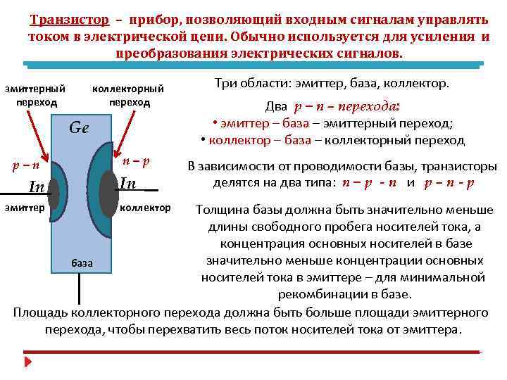 Транзистор – прибор, позволяющий входным сигналам управлять током в электрической цепи. Обычно используется для